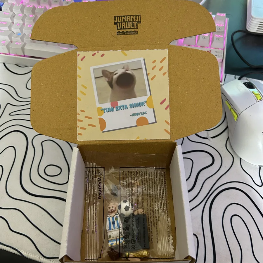 Real example of a printed gift note inside a Jumanji Vault parcel